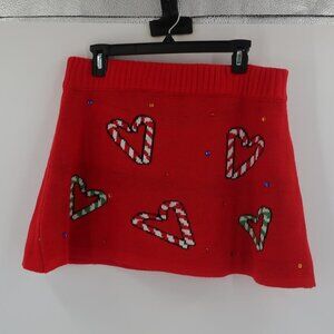 Christmas Heart Candy Cane Sweater Skirt w Rhinestone Size Large